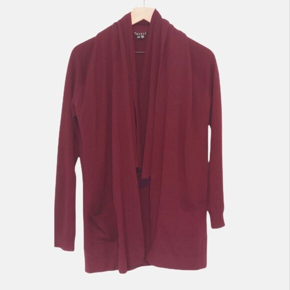 Theory Abie Evian Stretch Maroon Drape Wool Cardigan Sweater Size P (XS) - Picture 2 of 7